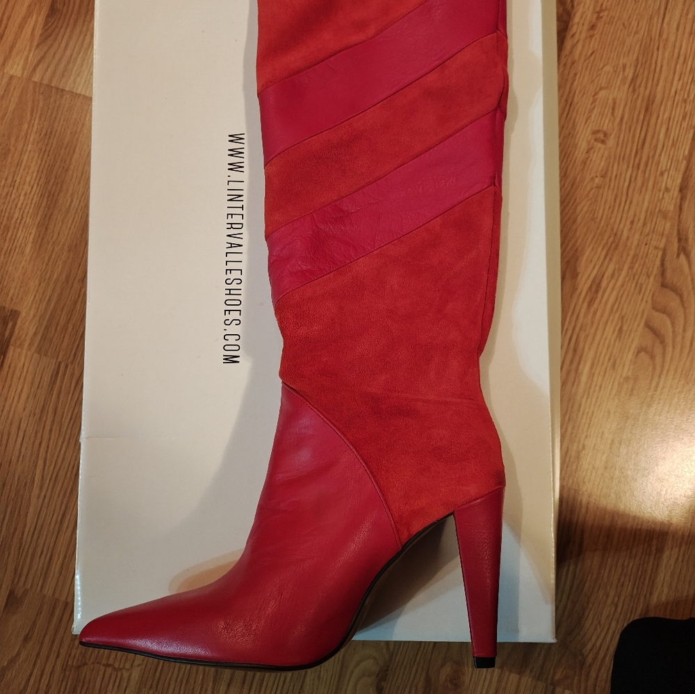 L'INTERVALLE Escalier Red Leather + Suede Knee High Heeled Boots - EU 41 / US 9